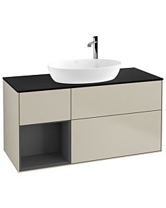 Villeroy und Boch Finion F942GKHH 120cm, plaque de recouvrement noir mat, étagères laqué mat anthracite, Sand Matt Lacquer