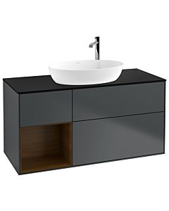 Villeroy und Boch Finion Waschtischunterschrank F942GNHG 120cm, Abdeckplatte black matt, Regale Walnut Veneer, Midnight Blue Matt Lacquer