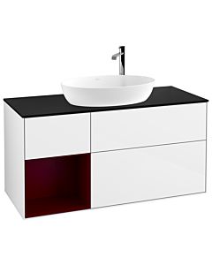 Villeroy und Boch Finion Waschtischunterschrank F942HBGF 120cm, Abdeckplatte black matt, Regale Peony matt lacquer, Glossy white lacquer