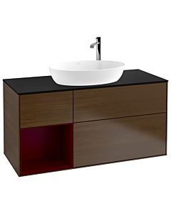 Villeroy und Boch Finion Waschtischunterschrank F942HBGN 120cm, Abdeckplatte black matt, Regale Peony matt lacquer, Walnut veneer