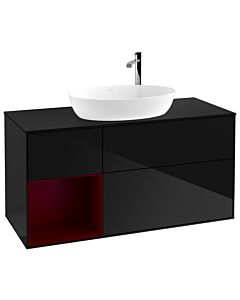 Villeroy und Boch Finion F942HBPH 120cm, plaque de recouvrement noire mate, étagères en laque matte Peony , Glossy Black Lacquer
