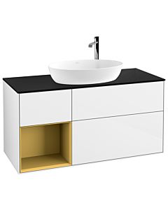 Villeroy und Boch Finion Waschtischunterschrank F942HFGF 120cm, Abdeckplatte black matt, Regale Gold matt lacquer, Glossy white lacquer
