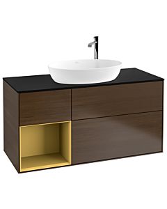 Villeroy und Boch Finion Waschtischunterschrank F942HFGN 120cm, Abdeckplatte black matt, Regale Gold matt lacquer, Walnut veneer