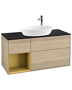 Villeroy und Boch Finion Waschtischunterschrank F942HFPC 120cm, Abdeckplatte black matt, Regale Gold matt lacquer, Oak Veneer