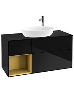 Villeroy und Boch Finion Waschtischunterschrank F942HFPH 120cm, Abdeckplatte black matt, Regale Gold matt lacquer, Glossy Black Lacquer