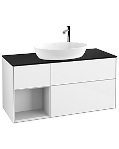 Villeroy und Boch Finion Waschtischunterschrank F942MTGF 120cm, Abdeckplatte black matt, Regale White matt lacquer, Glossy white lacquer