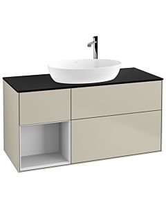 Villeroy und Boch Finion Villeroy und Boch F942MTHH 120cm, plaque de recouvrement noir mat, étagères laqué blanc mat, Sand Matt Lacquer