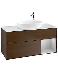 Villeroy und Boch Finion Waschtischunterschrank F951GJGN 120cm, Abdeckplatte white matt, Regale Light grey matt lacquer, Walnut veneer