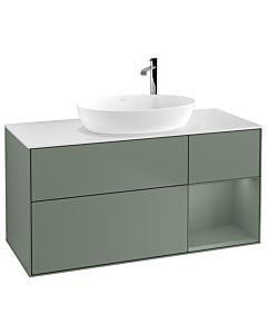 Villeroy und Boch Finion Villeroy und Boch F951GMGM 120cm, plaque de recouvrement blanc mat, étagères laqué olive mat, Olive Matt Lacquer
