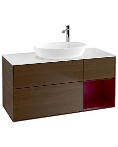 Villeroy und Boch Finion Waschtischunterschrank F951HBGN 120cm, Abdeckplatte white matt, Regale Peony matt lacquer, Walnut veneer