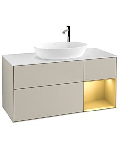 Villeroy und Boch Finion Villeroy und Boch F951HFHH 120cm, plaque de finition blanc mat, étagères laqué or mat, Sand Matt Lacquer