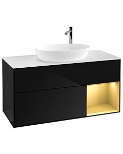 Villeroy und Boch Finion Waschtischunterschrank F951HFPH 120cm, Abdeckplatte white matt, Regale Gold matt lacquer, Glossy Black Lacquer