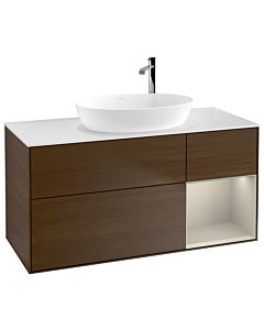 Villeroy und Boch Finion Waschtischunterschrank F951HHGN 120cm, Abdeckplatte white matt, Regale sand matt lacquer, Walnut veneer
