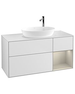 Villeroy und Boch Finion Waschtischunterschrank F951HHMT 120cm, Abdeckplatte white matt, Regale sand matt lacquer, White matt lacquer