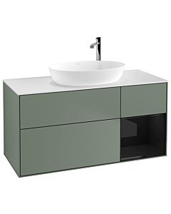Villeroy und Boch Finion Waschtischunterschrank F951PHGM 120cm, Abdeckplatte white matt, Regale Glossy black lacquer, Olive Matt Lacquer