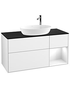 Villeroy und Boch Finion Villeroy und Boch F952GFGF 120cm, plaque de recouvrement noir mat, étagères Laque blanche brillante, Laque blanche brillante