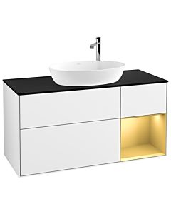 Villeroy und Boch Finion Waschtischunterschrank F952HFGF 120cm, Abdeckplatte black matt, Regale Gold matt lacquer, Glossy white lacquer