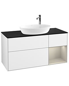 Villeroy und Boch Finion Waschtischunterschrank F952HHGF 120cm, Abdeckplatte black matt, Regale sand matt lacquer, Glossy white lacquer