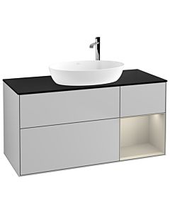 Villeroy und Boch Finion Waschtischunterschrank F952HHGJ 120cm, Abdeckplatte black matt, Regale sand matt lacquer, Light grey matt