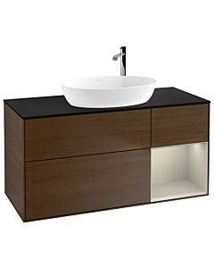 Villeroy und Boch Finion Waschtischunterschrank F952HHGN 120cm, Abdeckplatte black matt, Regale sand matt lacquer, Walnut veneer