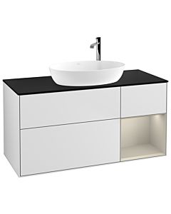 Villeroy und Boch Finion Waschtischunterschrank F952HHMT 120cm, Abdeckplatte black matt, Regale sand matt lacquer, White matt lacquer