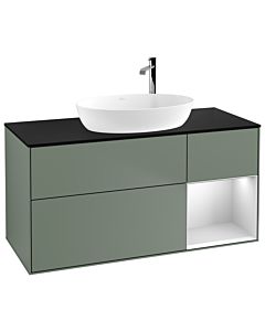Villeroy und Boch Finion Waschtischunterschrank F952MTGM 120cm, Abdeckplatte black matt, Regale White matt lacquer, Olive Matt Lacquer