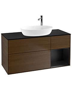 Villeroy und Boch Finion Waschtischunterschrank F952PDGN 120cm, Abdeckplatte black matt, Regale Black matt lacquer, Walnut veneer