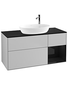 Villeroy und Boch Finion Waschtischunterschrank F952PHGJ 120cm, Abdeckplatte black matt, Regale Glossy black lacquer, Light grey matt