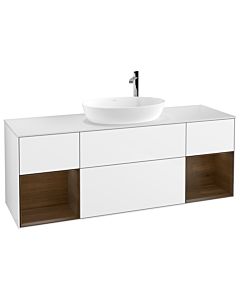 Villeroy und Boch Finion Waschtischunterschrank F981GNGF 160cm, Abdeckplatte white matt, Regale Walnut Veneer, Glossy white lacquer