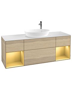 Villeroy und Boch Finion Waschtischunterschrank F981HFPC 160cm, Abdeckplatte white matt, Regale Gold matt lacquer, Oak Veneer