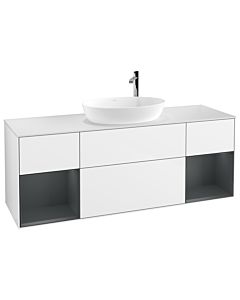 Villeroy und Boch Finion Waschtischunterschrank F981HGGF 160cm, Abdeckplatte white matt, Regale Midnight matt lacquer, Glossy white lacquer