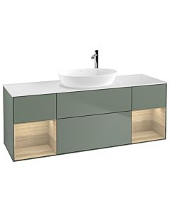 Villeroy und Boch Finion Waschtischunterschrank F981PCGM 160cm, Abdeckplatte white matt, Regale Oak Veneer, Olive Matt Lacquer