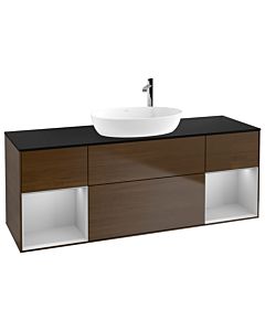 Villeroy und Boch Finion Waschtischunterschrank F982GJGN 160cm, Abdeckplatte black matt, Regale Light grey matt lacquer, Walnut veneer
