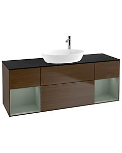 Villeroy und Boch Finion Waschtischunterschrank F982GMGN 160cm, Abdeckplatte black matt, Regale Olive matt lacquer, Walnut veneer