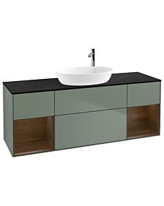 Villeroy und Boch Finion Waschtischunterschrank F982GNGM 160cm, Abdeckplatte black matt, Regale Walnut Veneer, Olive Matt Lacquer
