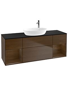 Villeroy und Boch Finion Waschtischunterschrank F982GNGN 160cm, Abdeckplatte black matt, Regale Walnut Veneer, Walnut veneer