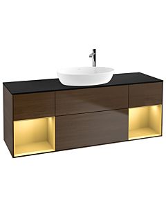 Villeroy und Boch Finion Waschtischunterschrank F982HFGN 160cm, Abdeckplatte black matt, Regale Gold matt lacquer, Walnut veneer