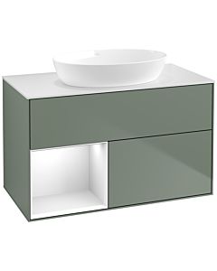 Villeroy und Boch Finion Waschtischunterschrank FA11GFGM 100cm, Abdeckplatte white matt, Regale Glossy white lacquer, Olive Matt Lacquer
