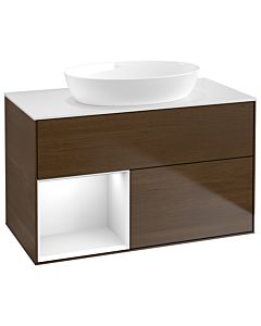 Villeroy und Boch Finion Waschtischunterschrank FA11GFGN 100cm, Abdeckplatte white matt, Regale Glossy white lacquer, Walnut veneer
