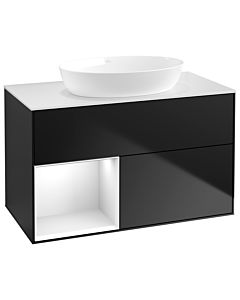 Villeroy und Boch Finion Villeroy und Boch FA11GFPD 100cm, plaque de recouvrement blanc mat, étagères laqué blanc brillant, laqué noir mat