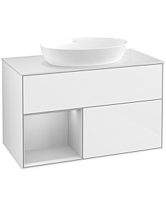 Villeroy und Boch Finion Waschtischunterschrank FA11GJGF 100cm, Abdeckplatte white matt, Regale Light grey matt lacquer, Glossy white lacquer