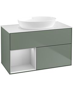 Villeroy und Boch Finion FA11GJGM 100cm, plaque de recouvrement blanc mat, étagères laqué gris clair mat, Olive Matt Lacquer