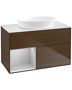 Villeroy und Boch Finion Waschtischunterschrank FA11GJGN 100cm, Abdeckplatte white matt, Regale Light grey matt lacquer, Walnut veneer