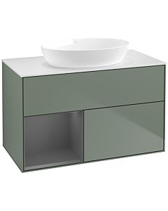 Villeroy und Boch Finion Villeroy und Boch FA11GKGM 100cm, plaque de recouvrement blanc mat, étagères laqué mat anthracite, Olive Matt Lacquer