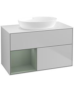 Villeroy und Boch Finion Waschtischunterschrank FA11GMGJ 100cm, Abdeckplatte white matt, Regale Olive matt lacquer, Light grey matt