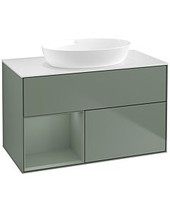 Villeroy und Boch Finion Villeroy und Boch FA11GMGM 100cm, plaque de recouvrement blanc mat, étagères laqué olive mat, Olive Matt Lacquer