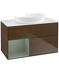 Villeroy und Boch Finion Villeroy und Boch FA11GMGN 100cm, plaque de recouvrement blanc mat, étagères laqué olive mat, placage noyer