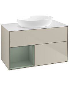 Villeroy und Boch Finion Villeroy und Boch FA11GMHH 100cm, plaque de recouvrement blanc mat, étagères laqué olive mat, Sand Matt Lacquer