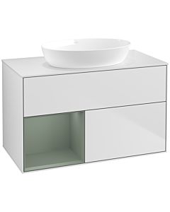 Villeroy und Boch Finion Waschtischunterschrank FA11GMMT 100cm, Abdeckplatte white matt, Regale Olive matt lacquer, White matt lacquer