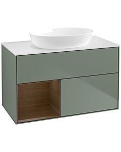 Villeroy und Boch Finion Waschtischunterschrank FA11GNGM 100cm, Abdeckplatte white matt, Regale Walnut Veneer, Olive Matt Lacquer